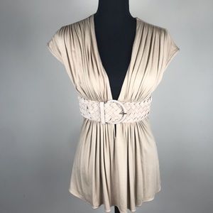 SKY Cream Beige Low Cut Deep V Belted Blouse M